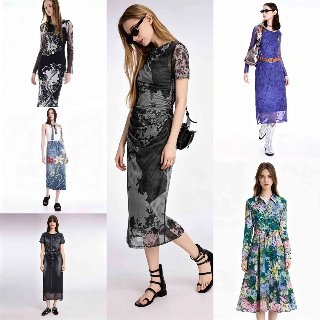 European, American and Spanish original single women's dress with printed elastic splicing light luxury long skirt new product