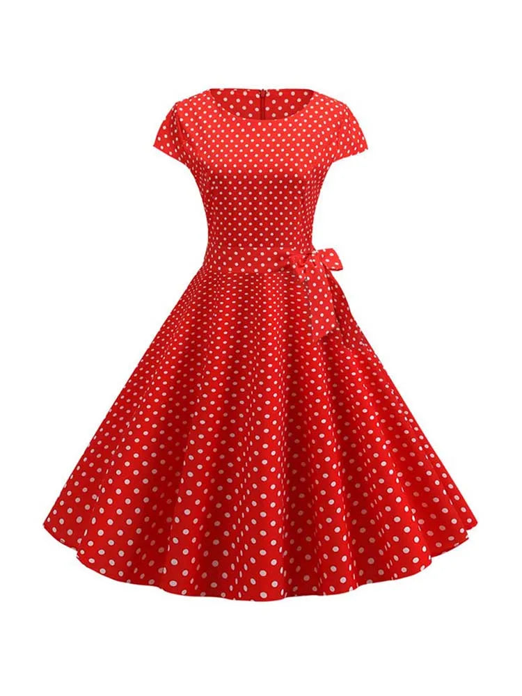 Women Summer Dresses Robe Vintage 1950s 60s Pin Up Big Swing Party Work Wear Rockabilly Dress White Polka Dot Vestidos
