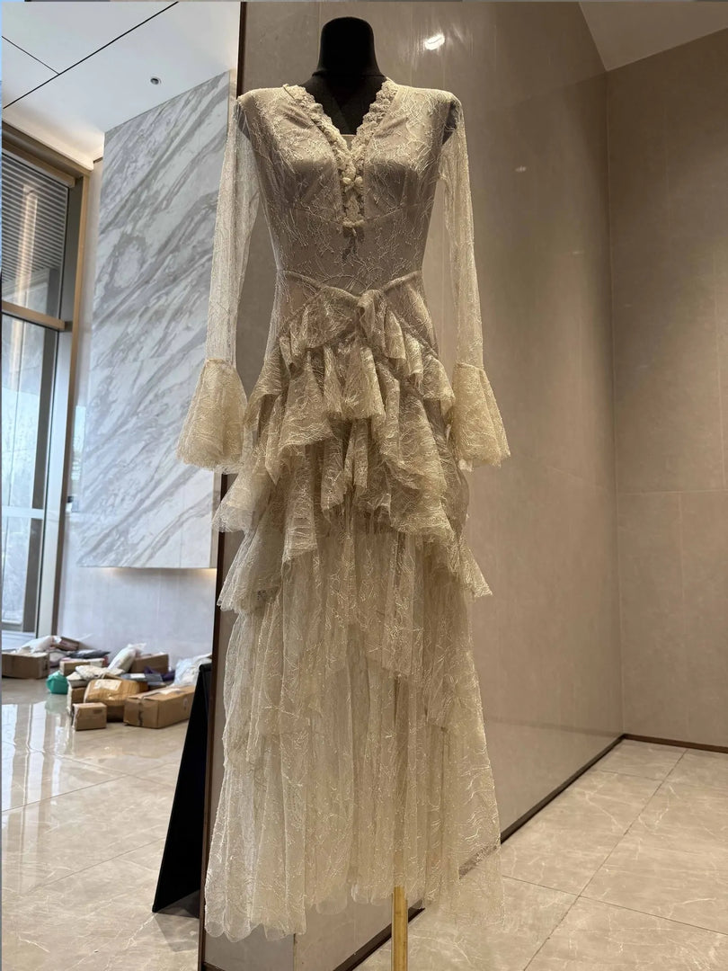Women's Dresses: Elegant & Stylish V-Neck, Flared Long Sleeve, Layered Lace Tiered "Cake" Dress — 2026 Summer New Arrival