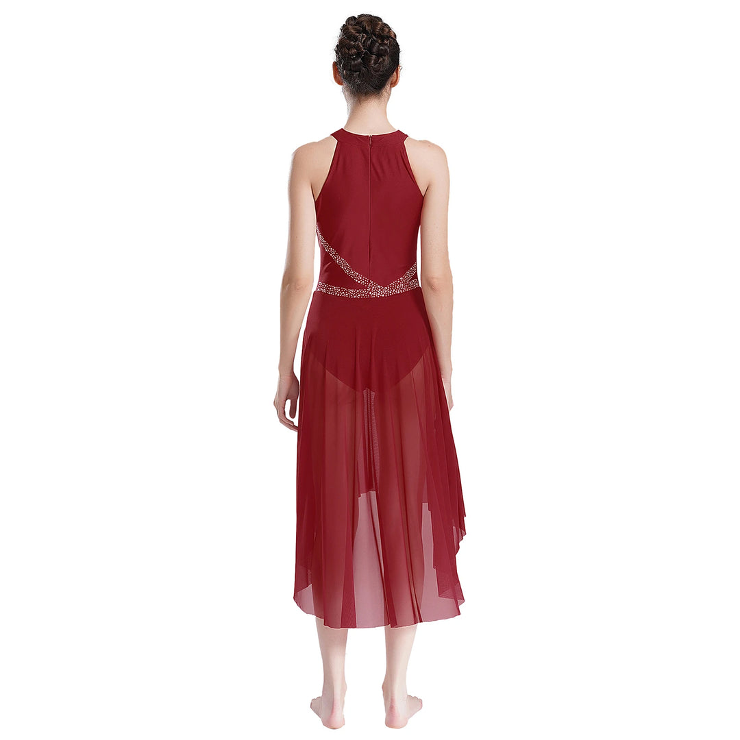 Women Adult Lyrical Dance Dress Modern Contemporary Costume Sparkly Rhinestones Ruched Asymmetrical Hem Ballet Dancewear