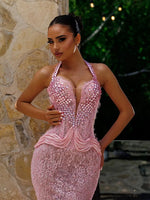 Load image into Gallery viewer, Fashion Evening Dresses For Women Halter Neck Sleeveless Wrap Gown Lace Rhinestone Sweep Train Dress Party Customized vestidos