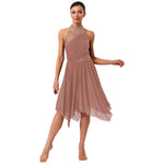 Load image into Gallery viewer, Women Lyrical Dance Dress Halter Glittery Rhinestones Patchwork Irregular Mesh Ruffled Hem Dress for Dance Classes Competition