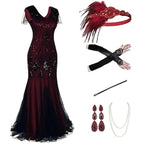 Load image into Gallery viewer, Women 1920s Flapper Dress with Accessories Dark Red Vintage V-Neck Ballroom Party Sequin Dress with Tassel Hem Evening Gown