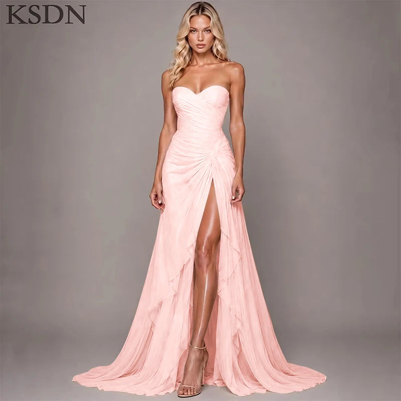 Elegant Women Evening Dresses for Women Luxury Chiffon Chapel Train Gowns Side Slit Sleeveless Wedding Long Dress Vestidos