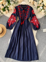 Load image into Gallery viewer, Women Autumn Dresses Bohemian Embroidered Flower O-Neck Lantern Sleeve High Waist Pleated Dress All-match Female Vestidos PL393