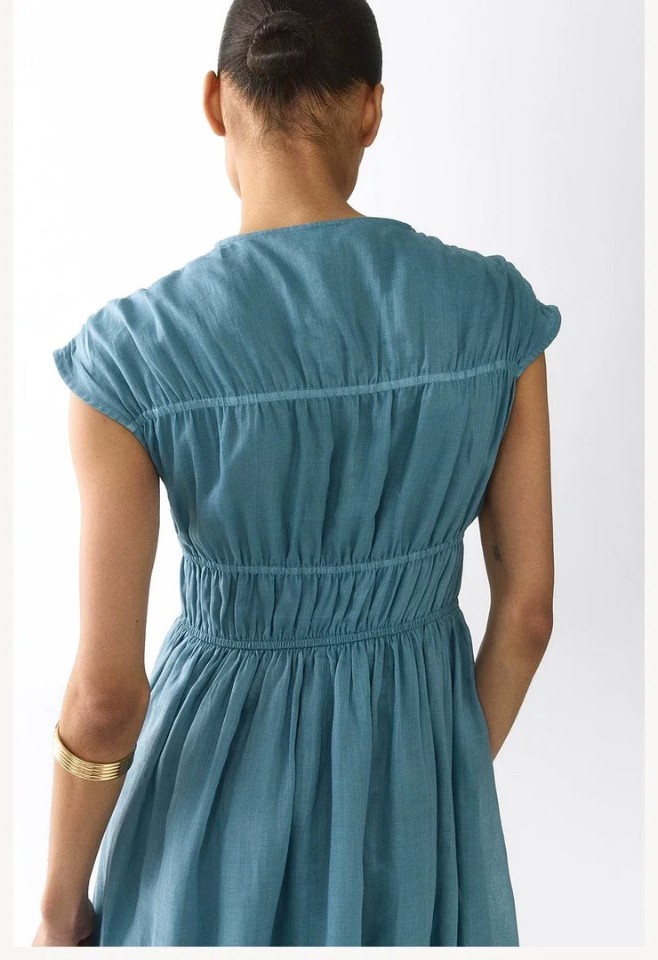 Women's Dress 2026 Summer European Style Deep V Sleeveless Pleated Elegant Chic Drawstring Street Fashion Women's Dress