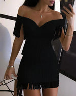 Load image into Gallery viewer, Women Evening Dresses Sexy Big V Neck One-shoulder Fringed Skirt Ladies Temperament Slim Dress Short Sleeve Club Dress Vestidos