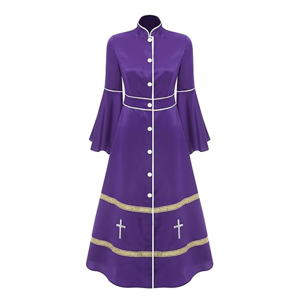 Women Stand Collar Long Sleeve Buttons Church Clergy Robe Gown Dress Priest Costume Robes
