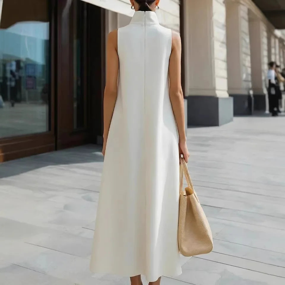 2026 New Women's Summer Dresses White Elegant Commuter Long Dress Stand Collar Single Button Sleeveless Party Dresses for Women