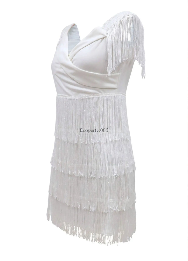 Women Evening Dresses Sexy Big V Neck One-shoulder Fringed Skirt Ladies Temperament Slim Dress Short Sleeve Club Dress Vestidos