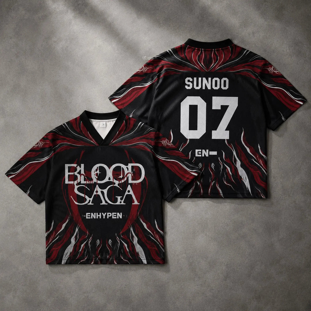 ENHYPEN NI-KI 10 Flame Mesh Jersey Tee Blood Saga Red Flame Full Print V Neck Oversized Kpop Fan Concert Breathable Street Top