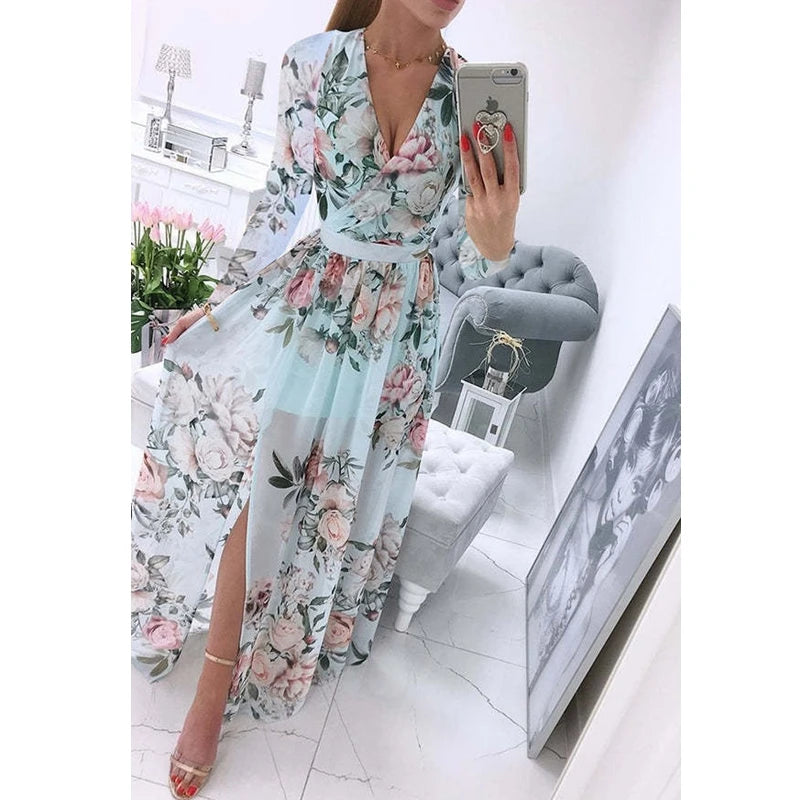 Women's Dress Summer Autumn Chiffon Slim Printed Pleated Stitching Dress Women Long Sleeve V-neck High Waist Slit Bohemian Dress