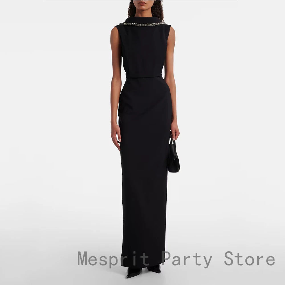 Black Evening Gown For Women Sheath Saudi Dress Floor Length Formal Party Dress Sleeveless Beading Prom Dress