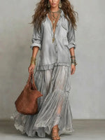 Load image into Gallery viewer, Denim Dress Women Dresses A Line Turn Down Collar Full Sleeve Ruffled Vintage Elegant Mesh Splice Work Causl Y2k Streetwear 2026