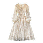 Load image into Gallery viewer, Women Dresses Lace Floral A Line Full Sleeve Dress Tight Waist Elegant V Neck Vestidos Casual Button Summer Office Lady