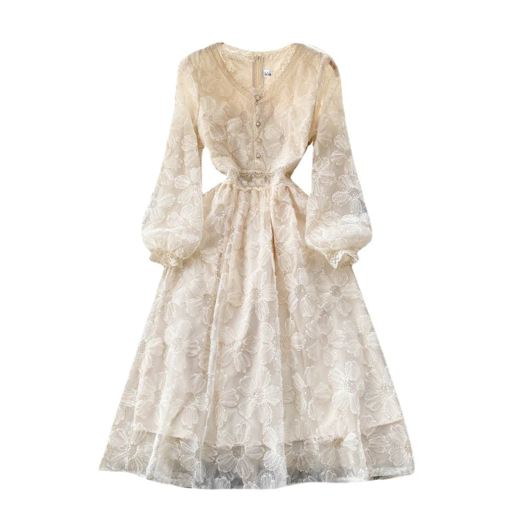 Women Dresses Lace Floral A Line Full Sleeve Dress Tight Waist Elegant V Neck Vestidos Casual Button Summer Office Lady
