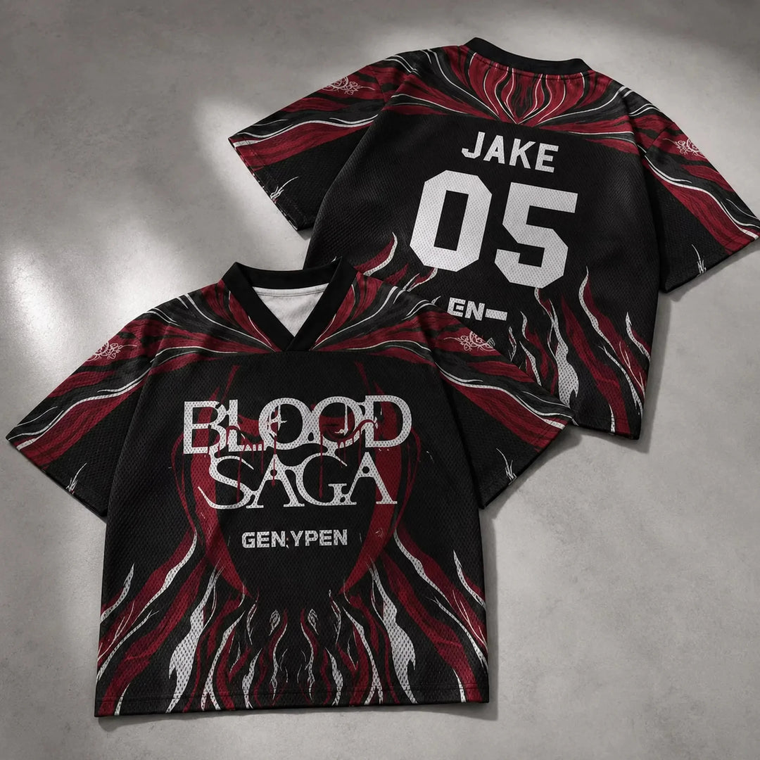 ENHYPEN NI-KI 10 Flame Mesh Jersey Tee Blood Saga Red Flame Full Print V Neck Oversized Kpop Fan Concert Breathable Street Top