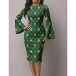 Load image into Gallery viewer, Women's Elegant Bodycon Dress with Flared Sleeves Unique Blue &amp; Gold Metallic Swirl Print Boho Chic Midi Dress for Night Out