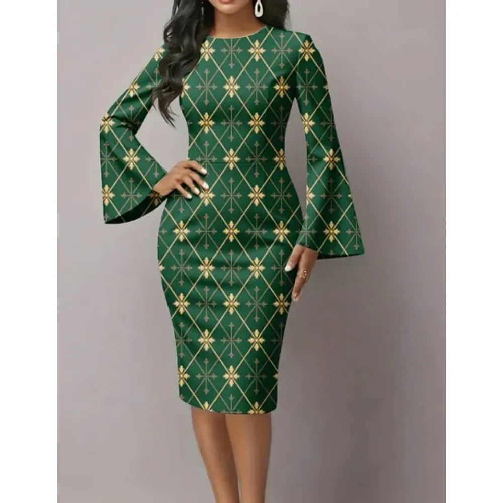 Women's Elegant Bodycon Dress with Flared Sleeves Unique Blue & Gold Metallic Swirl Print Boho Chic Midi Dress for Night Out