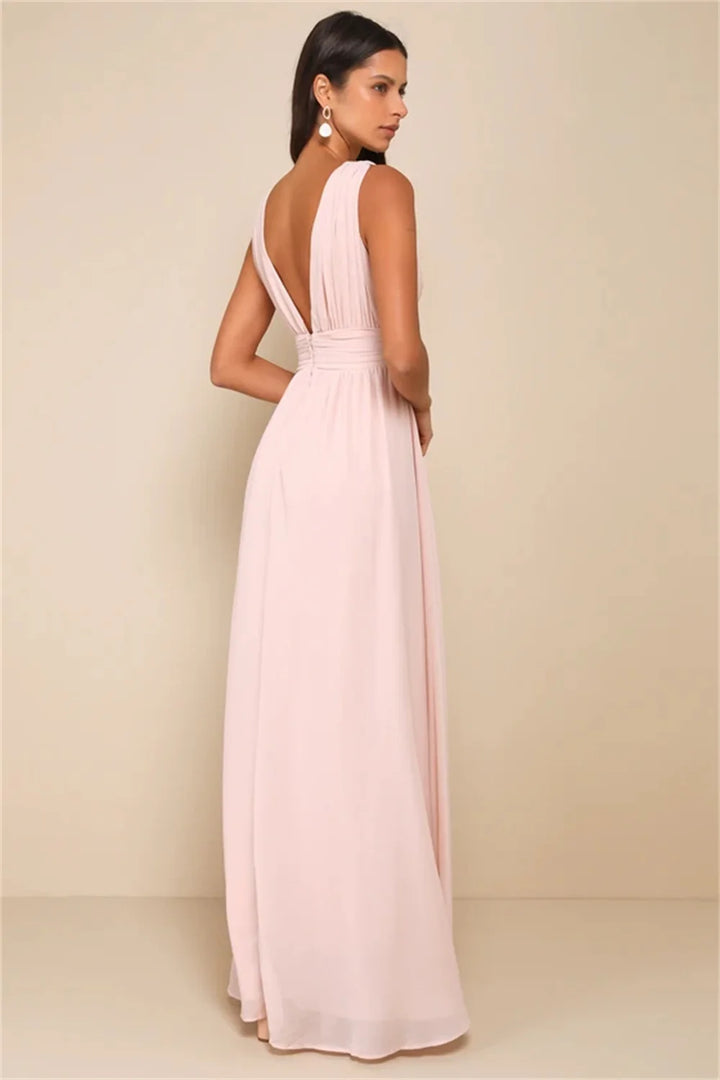 Evening Dresses Women's Formal Evening Gowns V Neck Sleeveless Draped High Slit Elegant Prom Party Gown Vestidos De Fiesta