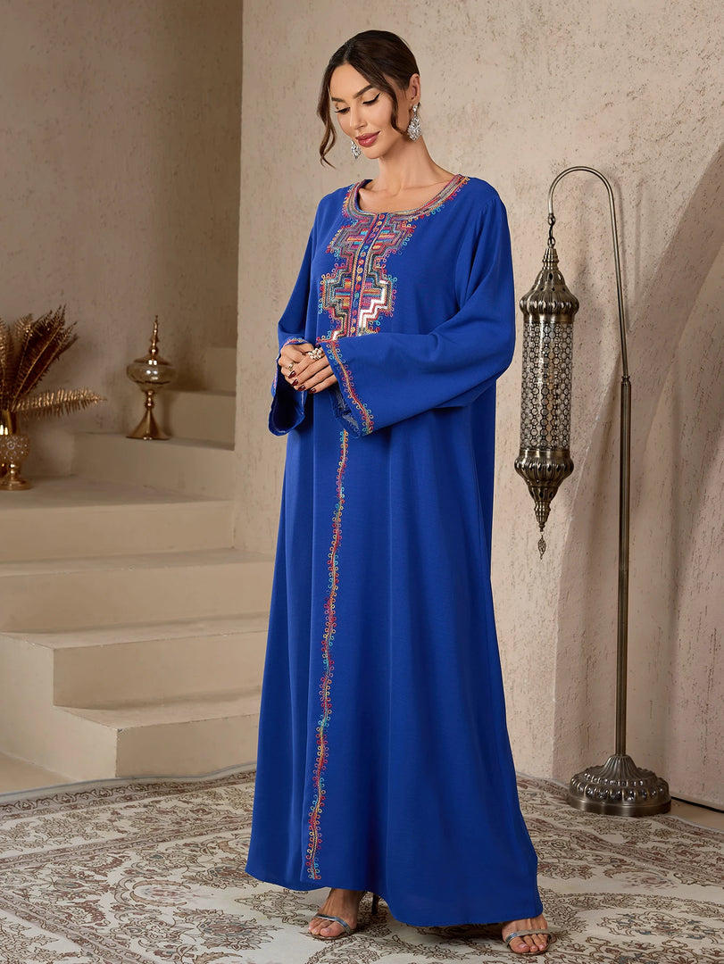 Ramadan Islamic Modest Abaya Dress for Women Ethnic Colorful Embroidery Morocco Casual Round Neck Long Robe Elegant Dubai Muslim