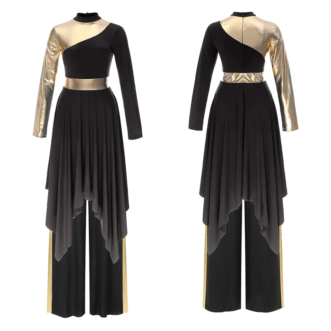 Women Worship Liturgical Dance Performance Costume Lyrical Dresses 2pcs Long Sleeve Asymmetrical Hem Dress with Wide-Leg Pants
