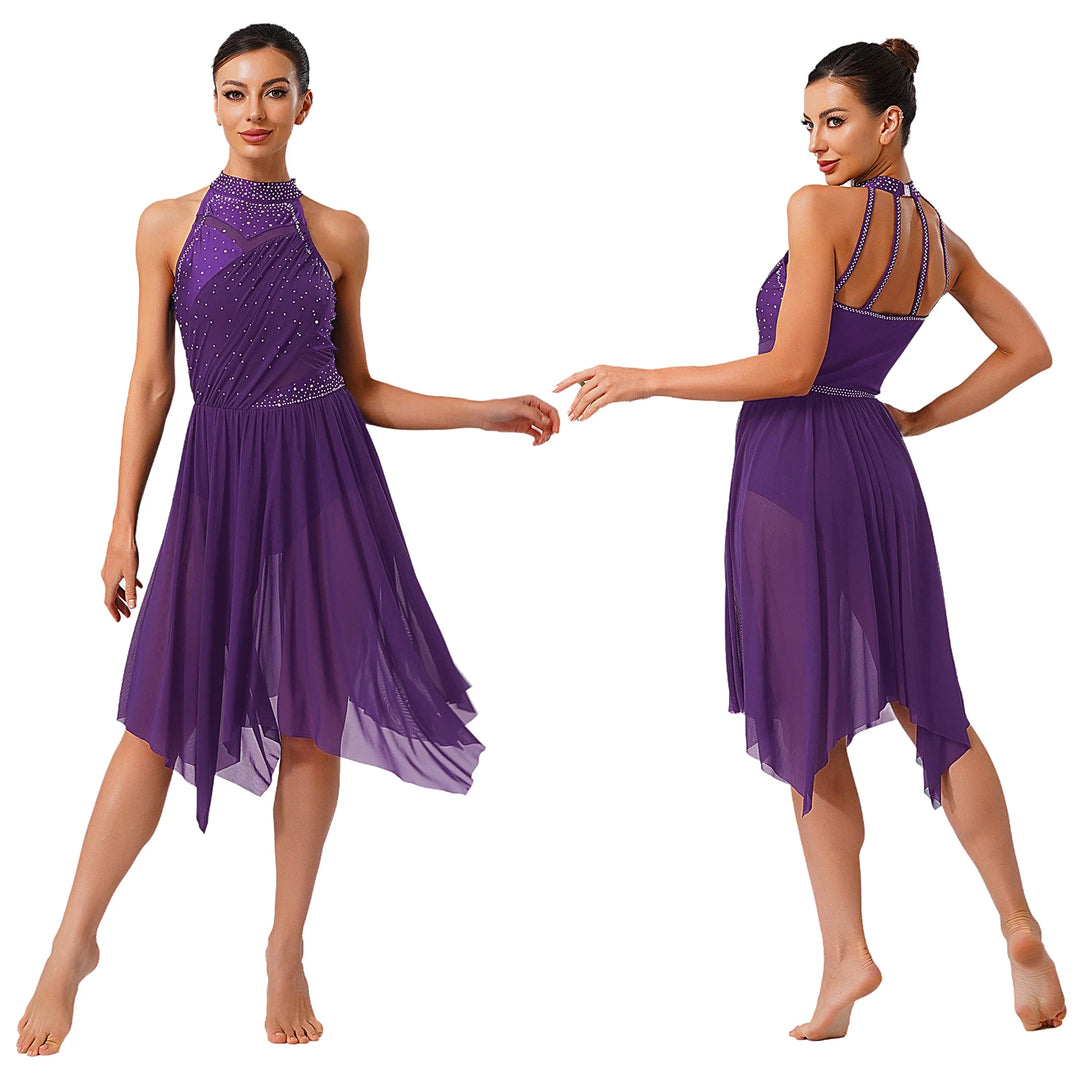 Womens Gymnastics Lyrical Ballet Dance Glittery Rhinestone Dress Ruched Backless Leotard Dresses Contemporary Dance Costumes