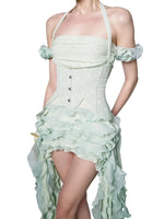 Load image into Gallery viewer, Women Ruffles Draped Dress Three Piece Sets Sexy Halter Neck Folds Ruffled Dress+Lace-up Corset Top+Shorts Suits Party Cocktail