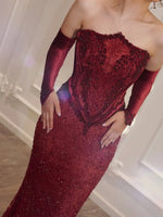 Load image into Gallery viewer, Women's Formal Evening Gowns Burgundy Beaded Evening Dresses Elegant Party Dresses with Off-Shoulder Gloves, Corset Bodice
