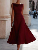 Load image into Gallery viewer, Women Draped Cowl Neck Sleeveless Waist Ruched Midi Dress Elegant Formal Wedding Guest Swing Dress