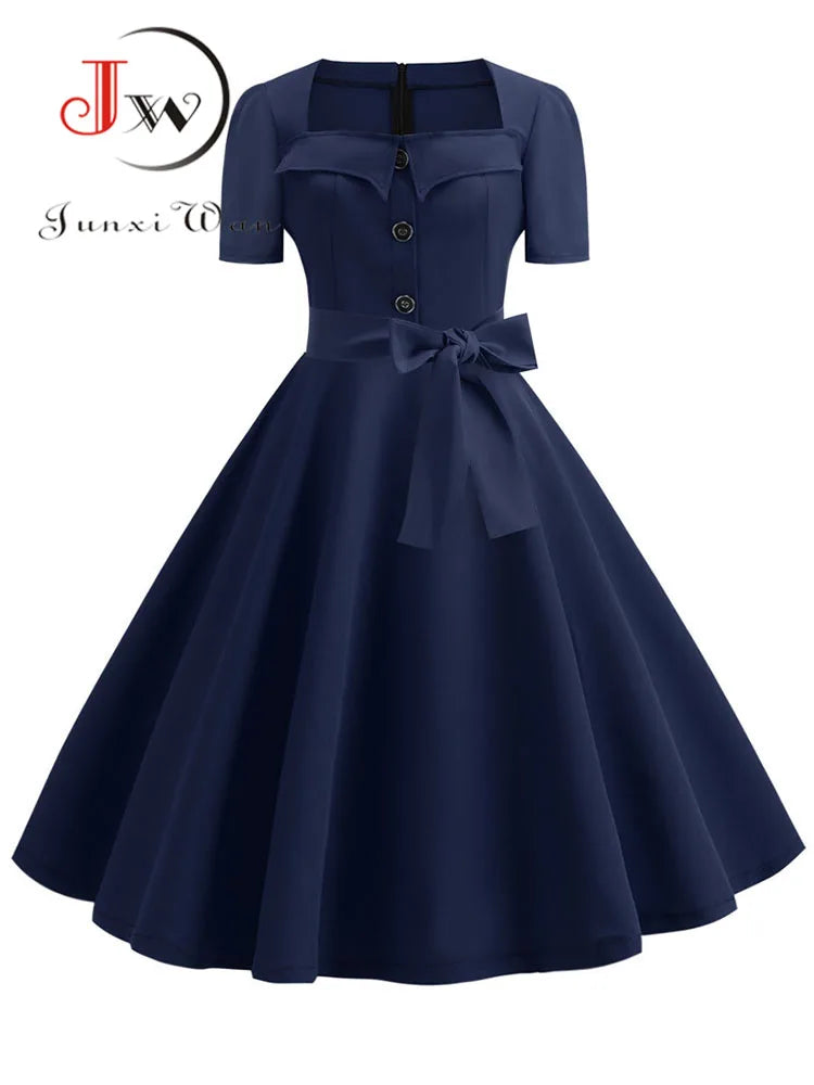 Women Summer Dress Elegant Retro Vintage 50s 60s Robe Rockabilly Swing Pinup Dresses Casual Red Party Vestidos