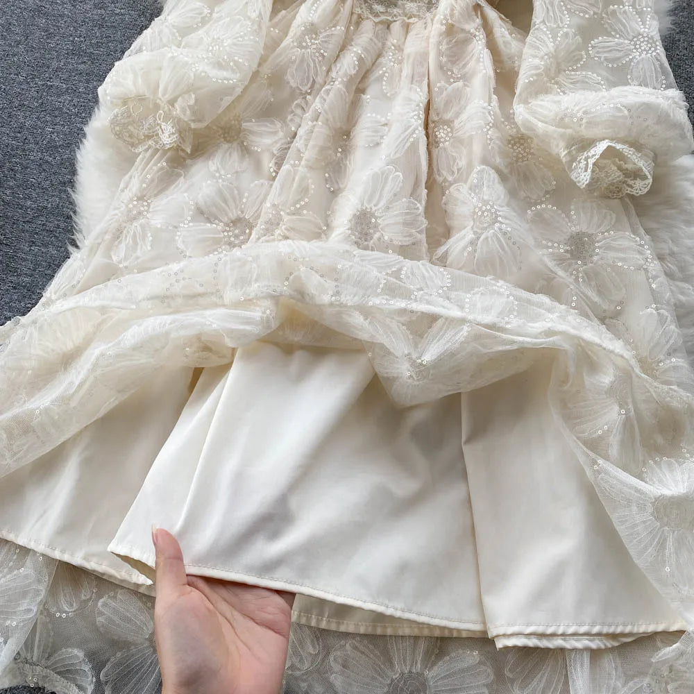 Women Dresses Lace Floral A Line Full Sleeve Dress Tight Waist Elegant V Neck Vestidos Casual Button Summer Office Lady