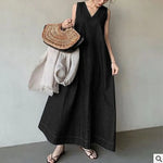 Load image into Gallery viewer, Women Dresses V Neck Sleeveless Solid Dress Lace Up Spliced Washed Denim Distressed Ankle Length Vestidos Basics Loose Fit