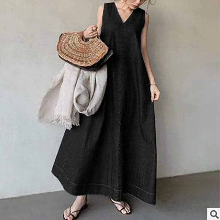 Women Dresses V Neck Sleeveless Solid Dress Lace Up Spliced Washed Denim Distressed Ankle Length Vestidos Basics Loose Fit