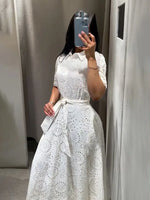 Load image into Gallery viewer, HH Women's Fashion Dress White Turn Down Collar Short Sleeve Bow Lace-Up Single-Breasted Female Summer Embroidery Long Dress