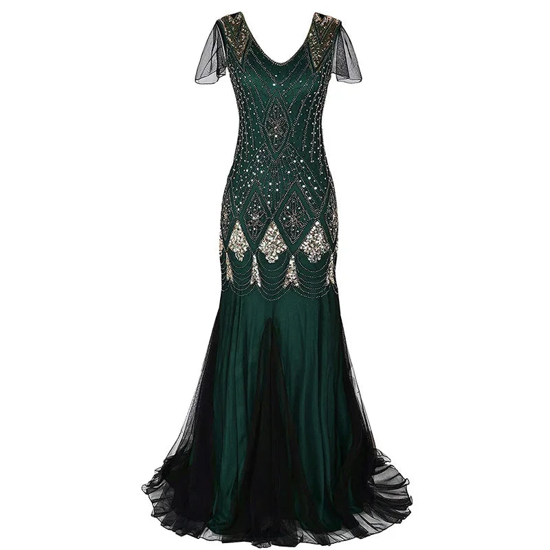 Women's Fashion 1920s Flapper Dress Vintage Great Gatsby Long Evening Prom Sequin Party Dress Women Mesh Costume