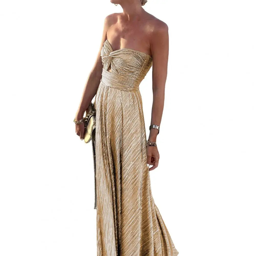 Women Sexy Dress Bronzing Backless Large Hem Beach Party Dress Off Shoulder Sexy Chest Wrapping Long Gown Dress Female Clothing
