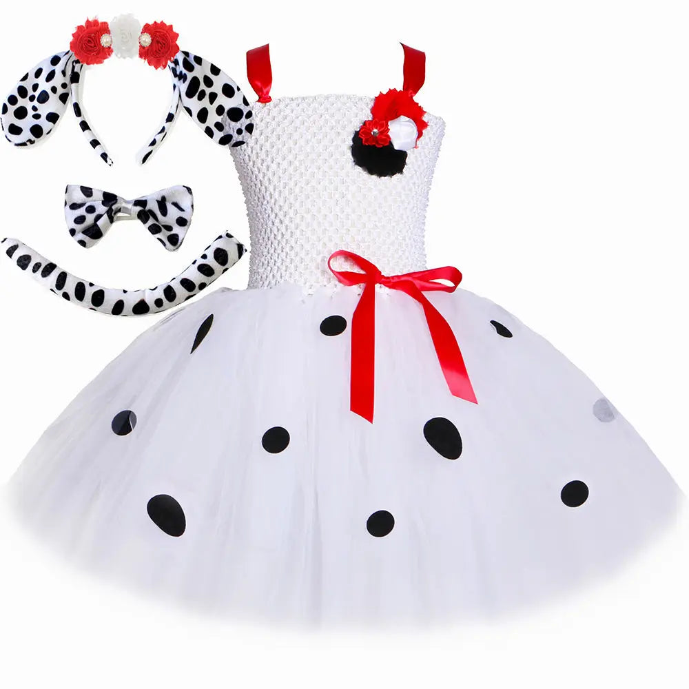 Dalmatian Costume Kids Cute Flowers Spotted Dog Tutu Dress Toddler Girls Halloween Festival Party Animal Puppy Dress Up Outfits