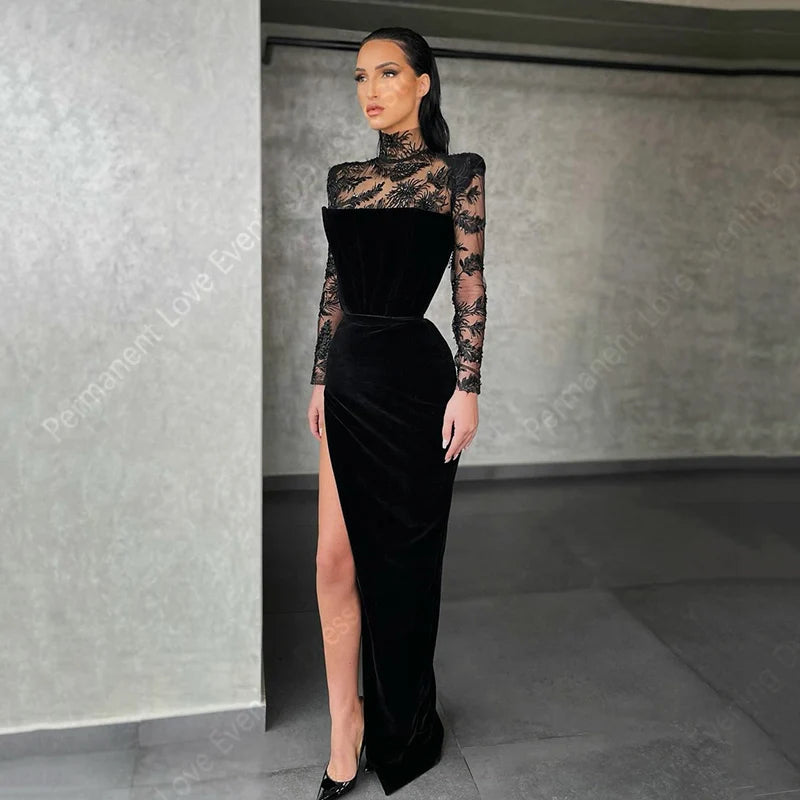 Elegant Black Formal Women Evening Dresses Classic Modern High Collar Prom Gowns Lace Long Sleeves Vestidos De Noches Customized