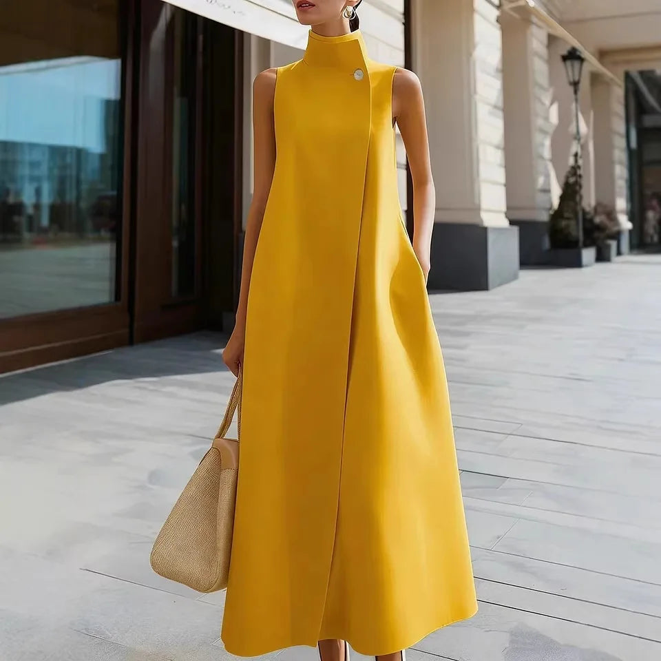 2026 New Women's Summer Dresses White Elegant Commuter Long Dress Stand Collar Single Button Sleeveless Party Dresses for Women