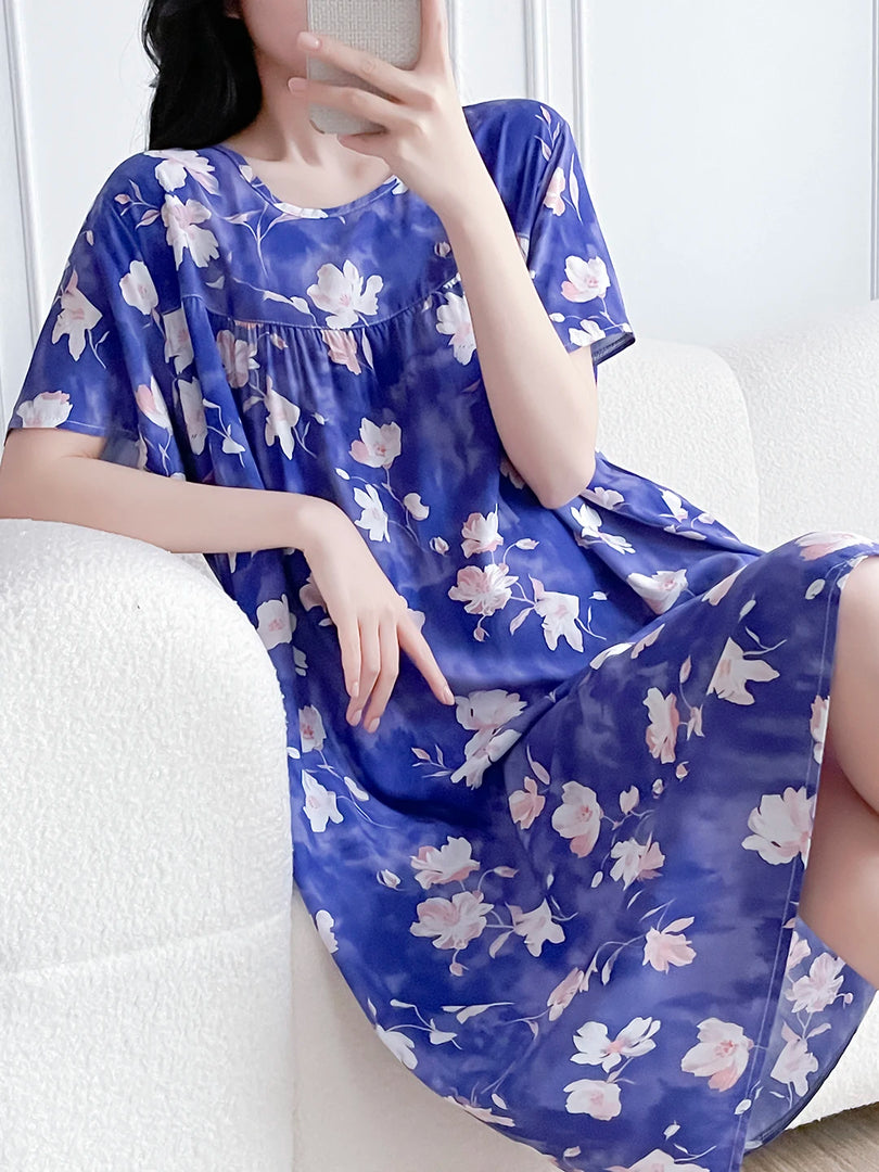 Women's Cotton Silk Sleep Dress Thin Short Sleeve Long Summer Breathable Sweat Absorbent Outerwear Casual Home Leisure Print