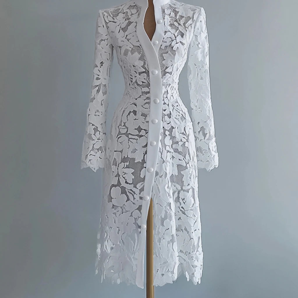 Women's Lace Dress for Women Fall Stand Collar Single Breasted Long Sleeve Coat Midi Dress See Through Elegant Sweet Dresses