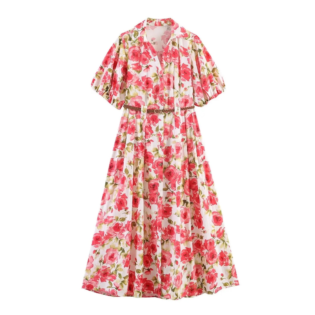 Women's Dresses Summer Female Fashion Floral Print Slim Dress With Belt Lady Chic High Waist V-Neck Bubble Short Sleeved Dress