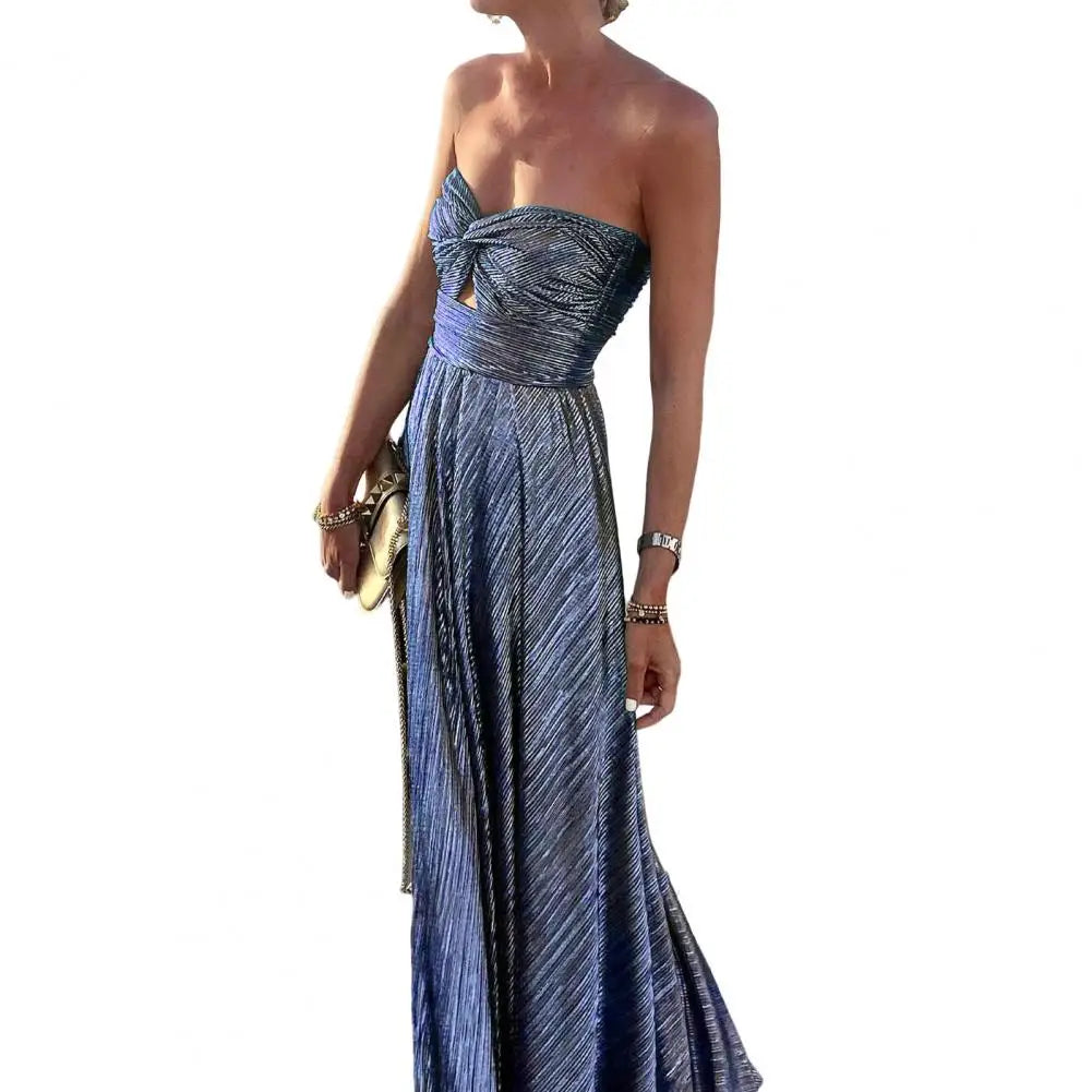 Women Sexy Dress Bronzing Backless Large Hem Beach Party Dress Off Shoulder Sexy Chest Wrapping Long Gown Dress Female Clothing