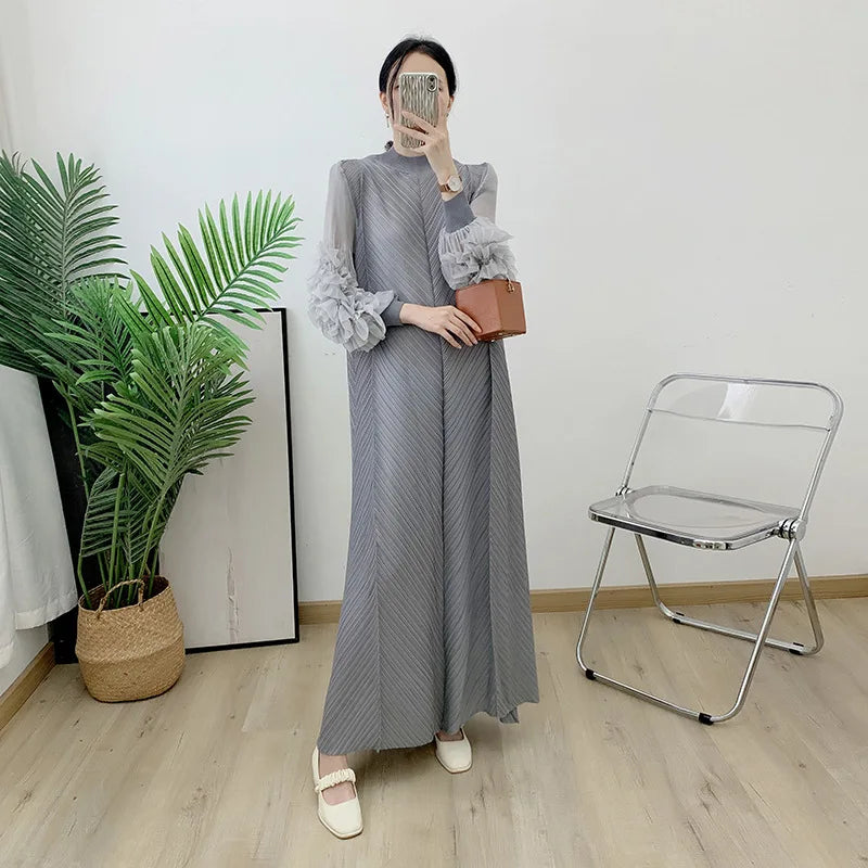 Women Elegant Evening Party Dresses 2025 Summer New Solid Colour Classic Long Sleeve Plate Flower Design Prom Dresses Female