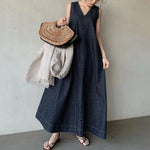 Load image into Gallery viewer, Women Dresses V Neck Sleeveless Solid Dress Lace Up Spliced Washed Denim Distressed Ankle Length Vestidos Basics Loose Fit
