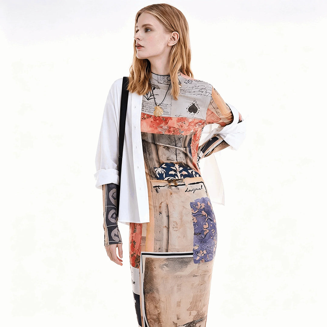 European, American and Spanish original single women's dress with printed elastic splicing light luxury long skirt new product