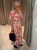 Load image into Gallery viewer, Women's Dresses Summer Female Fashion Floral Print Slim Dress With Belt Lady Chic High Waist V-Neck Bubble Short Sleeved Dress