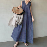 Load image into Gallery viewer, Women Dresses V Neck Sleeveless Solid Dress Lace Up Spliced Washed Denim Distressed Ankle Length Vestidos Basics Loose Fit
