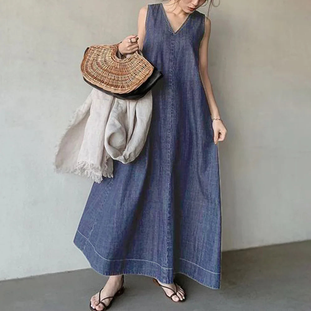 Women Dresses V Neck Sleeveless Solid Dress Lace Up Spliced Washed Denim Distressed Ankle Length Vestidos Basics Loose Fit